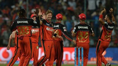 Royal Challengers Bangalore bowler Shane Watson (C) celebrates the wicket of Sunrisers Hyderabad batsman David Warner (unseen) with his teammates during the 2016 Indian Premier League (IPL) Twenty20 cricket match between Royal Challengers Bangalore and Sunrisers Hyderabad at The M Chinnaswamy Stadium in Bangalore on April 12, 2016. AFP / MANJUNATH KIRAN