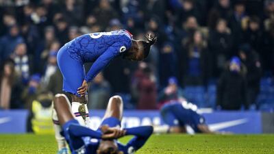 Dejected Chelsea players Michy Batshuayi (C) and Tammy Abraham at the end of the game. EPA