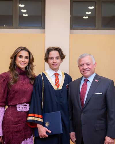 Queen Rania and King Abdullah II at the graduation of Prince Hashem in 2023. Queen Rania / Instagram