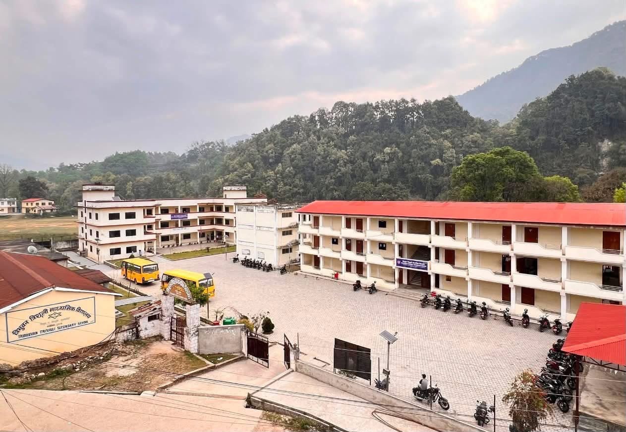The old Tribhuvan Trishuli secondary school in Nuwakot was the largest government secondary school in the district. A photo before the floods. Photo: Rajendra Dawadi