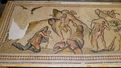 An ancient mosaic believed to have been looted from Syria and illegally imported into the United States. AP