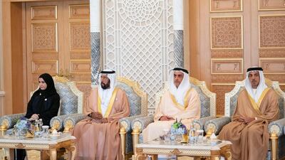 From left: Dr Amal Al Qubaisi, Speaker of the Federal National Council (FNC); Sheikh Tahnoon bin Mohamed, Ruler's Representative in Al Ain Region; Sheikh Saif bin Zayed, Deputy Prime Minister and Minister of Interior; and Sheikh Mansour bin Zayed, Deputy Prime Minister and Minister of Presidential Affairs, attend a meeting with Mr Mirziyoyev.