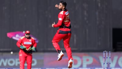 Khuzaima Tanveer of Desert Vipers celebrates after he bowled out Tim Seifert of Sharjah Warriorz. ILT20