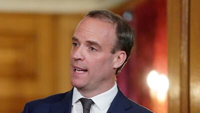 Britain's Secretary of State for Foreign affairs Dominic Raab speaks during a daily news conference to update on the coronavirus disease (COVID-19) outbreak held with Public Health England's (PHE) Medical Director Yvonne Doyle (not pictured) and Britain's Deputy Chief Medical Officer (DCMO) Jonathan Van Tam (not pictured), at 10 Downing Street in London, Britain April 29, 2020. Pippa Fowles/No 10 Downing Street/Handout via REUTERS THIS IMAGE HAS BEEN SUPPLIED BY A THIRD PARTY. NO RESALES. NO ARCHIVES. THIS IMAGE IS FOR EDITORIAL USE PURPOSES ONLY. THE IMAGE CAN NOT BE USED FOR ADVERTISING OR COMMERCIAL USE. THE IMAGE CAN NOT BE ALTERED IN ANY FORM.