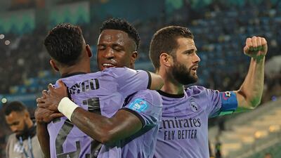 Vinicius Junior celebrates with Rodrygo and Nacho Fernandez. AFP