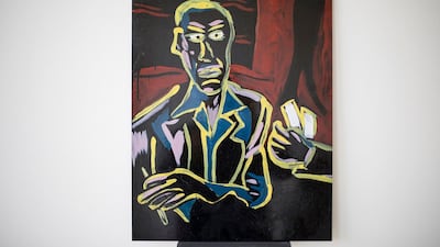 The Palestinian artist Yusef Audeh's painting 'The Speed of Fingers' (2019), which depicts a scene from Jean Genet's 'Prisoner of Love'. MMAG Foundation