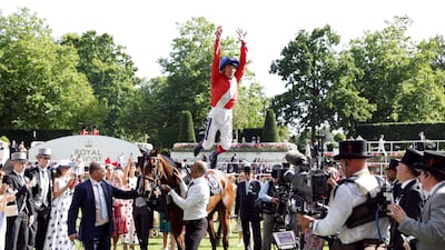 Frankie Dettori on Inspiral celebrates winning the Coronation Stakes at the 2022 Royal Ascot meet. Reuters