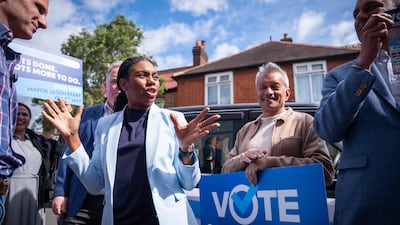 Conservative Party leader Kemi Badenoch in Croydon, south London, part of her branded taxi tour across the capital. PA