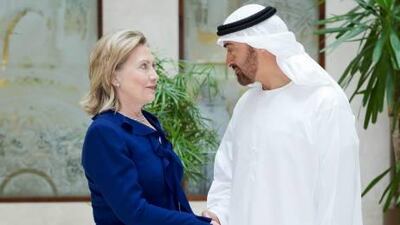 Sheikh Mohammed bin Zayed, Crown Prince of Abu Dhabi and Deputy Supreme Commander of the UAE Armed Forces receives Hillary Clinton, the United States secretary of state.