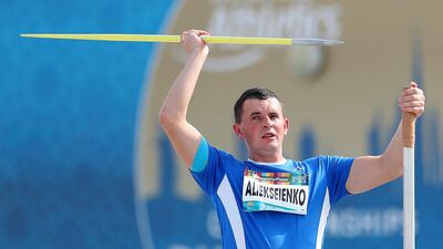 Oleksandr Aliekseienko of Israel in action during the Men's Javelin Throw F34 at the World Para Athletics Championships in Dubai, United Arab Emirates. EPA