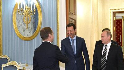 Mr Al Assad praised Russia’s anti-terror efforts since the beginning of Syria’s war. Alexei Druzhinin / RIA Novosti Kremlin / Reuters