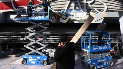People work on the red carpet area as preparations for the 91st Academy Awards take place in Hollywood. AFP