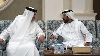 Sheikh Ali bin Isa Al Khalifa, Minister of Royal Court Affairs of Bahrain, offers condolences to Sheikh Tahnoon bin Mohammed, Ruler's Representative in Al Ain Region, on the death of Sheikh Sultan bin Zayed. Hamad Al Mansoori for the Ministry of Presidential Affairs