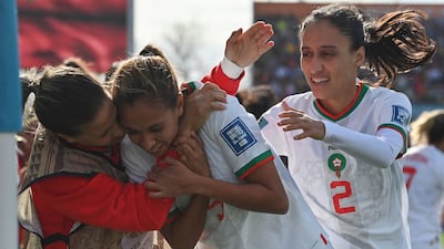 Morocco's Ibtissam Jraidi celebrates scoring with her teammates. AFP