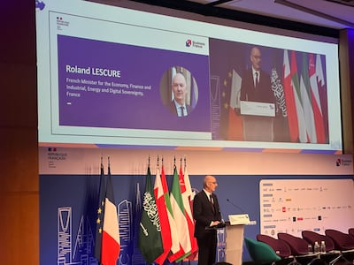 French Finance Minister Roland Lescure addresses the Vision Golfe economic forum in Paris on Thursday. Fatima Al Mahmoud / The National