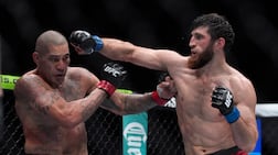 Magomed Ankalaev, right, returns to the octagon in Abu Dhabi on Saturday night. AP