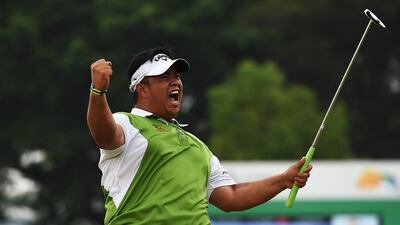 Kiradech Aphibarnrat of Thailand celebrates after winning the play-off against Li Haotong on Sunday at the final round of the Shenzhen International tournament. Stuart Frankling / Getty Images / April 19, 2015