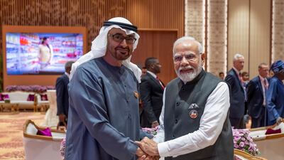 UAE President Sheikh Mohamed greets Indian Prime Minister Narendra Modi at the G20 summit in New Delhi. Hamad Al Kaabi / UAE Presidential Court