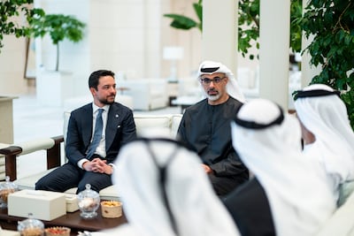 Sheikh Khaled bin Mohamed, Crown Prince of Abu Dhabi and Prince Hussein, Crown Prince of Jordan. Abdulla Al Bedwawi / UAE Presidential Court