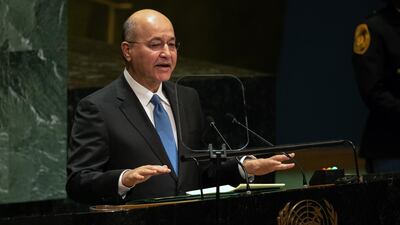 Barham Salih, Iraq's president, speaks during the UN General Assembly meeting in New York, U.S. During a meeting on the sidelines of the UNGA, President Trump and Salih discussed how best to enhance U.S.-Iraq partnerships in security, trade and energy. Bloomberg
