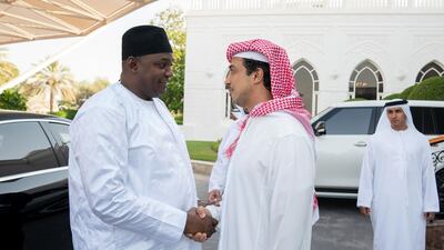 Sheikh Mansour bin Zayed receives Adama Barrow, President of Gambia, during a Sea Palace barza. Mohamed Al Hammadi / Ministry of Presidential Affairs