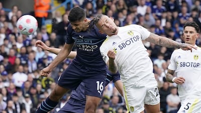Rodri of Manchester City scores the opening goal in the 4-0 win against Leeds at Elland Road. EPA