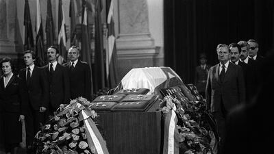 Personalities attend Tito's funeral at the Yugoslav parliament on May 8, 1980, in Belgrade. AFP