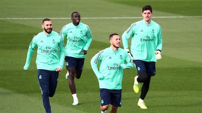 Real Madrid's Karim Benzema, Ferland Mendy, Eden Hazard and Thibaut Courtois during training for their Champions League clash with Galatasaray. Reuters