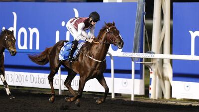 William Twiston-Davies, who rode Maltese Cat to victory in the 1,400m handicap race on Thursday night, is now looking forward to the Dubai World Cup Carnival next week. Antonie Robertson / The National