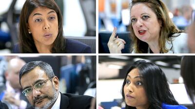 Clockwise from top left: Ambareen Musa, founder and CEO of Souqalmal.com, The National columnist Keren Bobker, Rasheda Khatun from Financial Life Planner, and Jamel Alvi, chief credit officer of Abu Dhabi Islamic Bank, during a roundtable panel discussion on why people are getting into excessive debt, how this situation can be resolved and where they can turn for help. Ravindranath K / The National and Marwan Alhammadi / The National