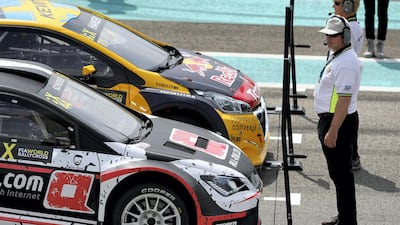 Racers wait at the start line in the World RX Warm-up during the FIA World RallyCross Championship 2019 Abu Dhabi.