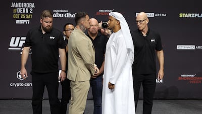 English fighter Tom Aspinall and Ciryl Gane of France face off ahead of their title fight at UFC 321