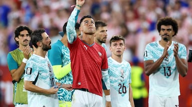 Cristiano Ronaldo wears Diogo Jota's No 21 shirt after Portugal's win over Croatia in Toronto. Getty Images