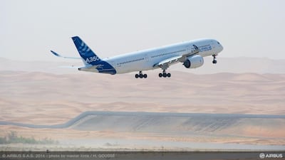 The Airbus A350 XWB takes to the skies over Al Ain. Courtesy Airbus