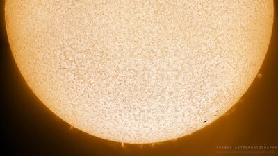 Sun in hydrogen-alpha showing several sunspots and a huge prominence rising along the surface from one of the active regions. Courtesy: Prabhakaran Andiappan.