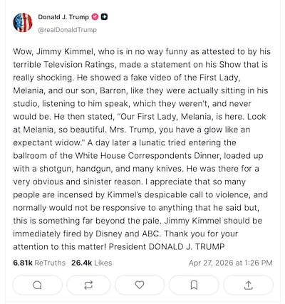 US President Donald Trump condemned the recent monologue by late-night TV host Jimmy Kimmel.