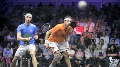 Egypt's Mohamed ElShorbagy, right, and Ali Faragat the PSA Dubai World Series Finals. Reem Mohammed / The National
