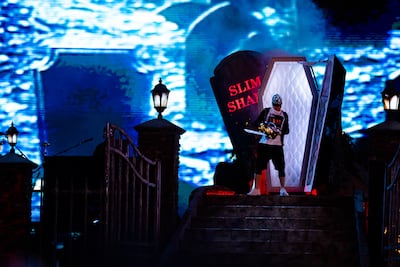 Eminem emerged from the stage gripping a chainsaw. Photo: MDL Beast