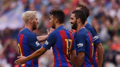 Munir El Haddadi celebrates after scoring the third goal for Barcelona in the International Champions Cup football match between Barcelona and Celtic at the Aviva Stadium in Dublin on July 30, 2016. Clodagh Kilcoyne / Reuters