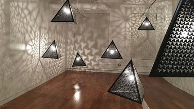 Anila Quayyum AghaALHAMBRA NIGHTS (INSTALLATION)2016Printed acrylic and bulbs30 x 27 x 30 in. (x9)