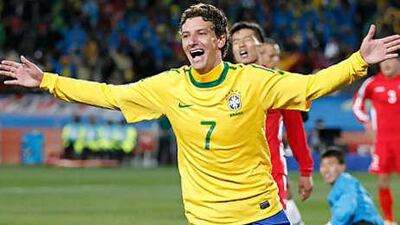 Elano celebrates after scoring Brazil's second goal.