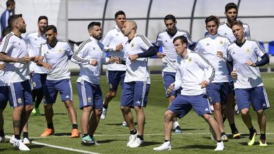 Argentina players take part in a training drill. Juan Mabromata / AFP