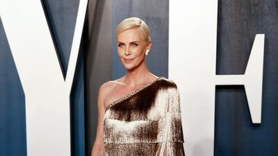Charlize Theron in Christian Dior at the 2020 Vanity Fair Oscar Party. EPA