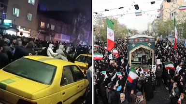 Left: Clashes between protesters and security troops in Urmia, Iran’s West Azerbaijan province, on January 12. Right: The Tehran funeral of security personnel killed in the protests on January 14. AFP; Reuters