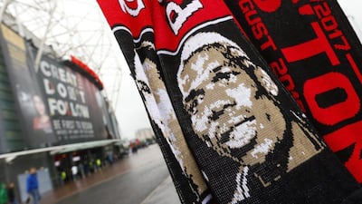 General view of a scarf featuring Manchester United’s Paul Pogba outside the stadium before the Premier League match between Manchester United and Southampton at Old Trafford, Manchester, Britain, 19 August 2016. Jason Cairnduff / Action Images / Reuters