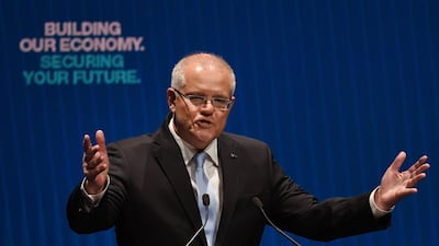 Australia's Prime Minister Scott Morrison speaks to colleagues and supporters during the Liberal Party's campaign launch in Melbourne. AFP