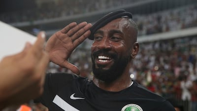 Saudi Arabia's goalkeeper Waleed Abdullah celebrates after winning the 2018 World Cup group B qualifying soccer match between Saudi Arabia and Japan in Jiddah, Saudi Arabia, Tuesday, Sept. 5, 2017. Saudi Arabia won 1-0. (AP Photo)
