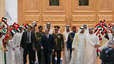 Egypt's President Abdel Fattah El Sisi is welcomed to Qasr Al Watan before his meeting with Sheikh Mohamed bin Zayed, Crown Prince of Abu Dhabi and Deputy Supreme Commander of the UAE Armed Forces. Courtesy Sheikh Mohamed bin Zayed Twitter