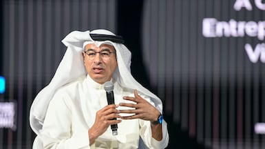 HE Mohamed Ali Rashed Alabbar, Founder & Managing Director of Emaar Properties, Founder & Director of noon.com, Chairman of Eagle Hills and Chairman of Americana Group speaks at the Future Hospitality Summit 2023 on Yas Island, Abu Dhabi. Khushnum Bhandari / The National