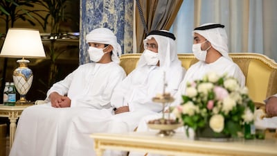 Sheikh Mohamed bin Zayed, Crown Prince of Abu Dhabi and Deputy Supreme Commander of the Armed Forces, exchanges Eid greetings with Sheikh Hamad bin Mohammed Al Sharqi, UAE Supreme Council member and Ruler of Fujairah, Saeed Mohammed Al Raqbani, and Sheikh Maktoum bin Hamad Al Sharqi. Ministry of Presidential Affairs